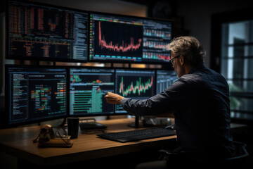 A focused analyst studying complex financial charts, deciphering trends and patterns to make informed investment recommendations. Concept of data-driven financial analysis. Generative Ai.