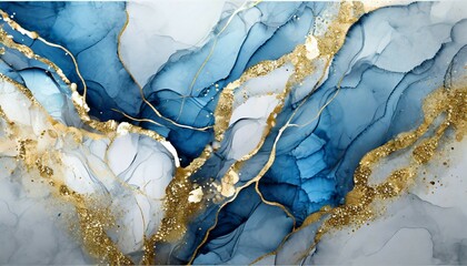 marble texture with abstract blue white glitter and gold background alcohol ink colors