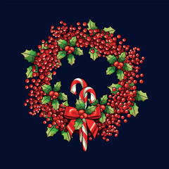 vector illustration of a wreath of red holly berries on dark background. Vector illustration