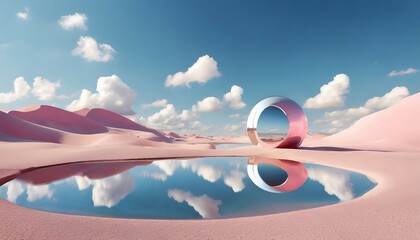 3d render abstract panoramic background surreal scenery fantasy landscape of pink desert with lake and round mirror under the blue sky with white clouds modern minimal wallpaper - obrazy, fototapety, plakaty