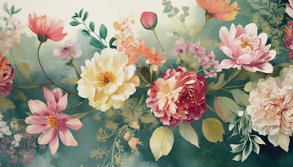 flowers wallpaper floral art design background with flowers bunch in watercolor style or artist vintage paint picture and botanical print by ai generative - obrazy, fototapety, plakaty