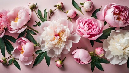 many delicate tender pink big and small open and closed peony flowers and buds levitating on seamless pink surface top view generative ai image - obrazy, fototapety, plakaty