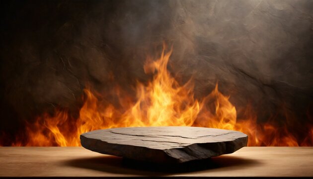 table top stone or stand product display with fire flames in dark abstract background generative ai images