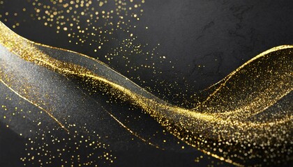 dark grey black abstract background with golden particles wavy curve lines design smoky festive backdrop magical christmas elegant blank banner luxury premium glowing bg deluxe exclusive sale 2024 - obrazy, fototapety, plakaty