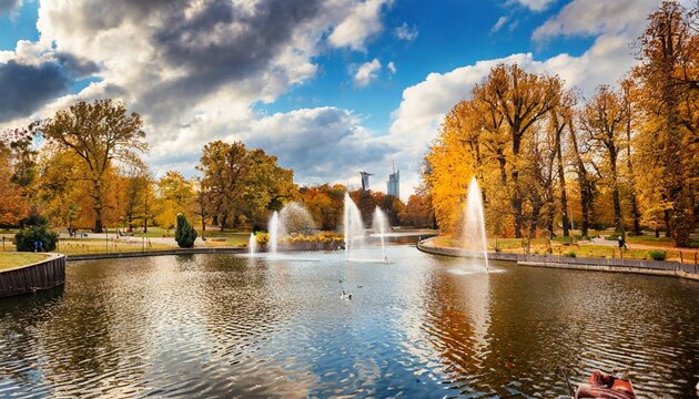 beautiful fall landscape and cloudy sky autumn panorama yellowed trees in city park in cloudy weather pond with fountains in south park wroclaw poland