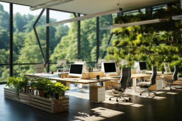 A green office with plants and natural light, emphasizing the importance of biophilic design for employee well-being and productivity. Concept of eco-friendly workplaces. Generative Ai.