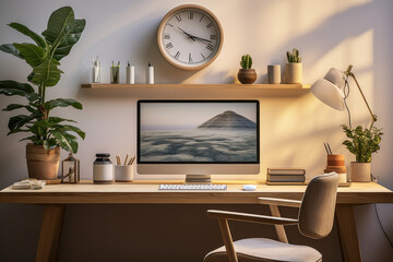 A minimalist home office setup, highlighting the integration of work and life in the era of remote and flexible work arrangements. Concept of work-life integration. Generative Ai.