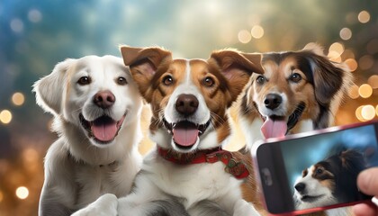 a group of dogs taking a selfie on a blurred background generative ai