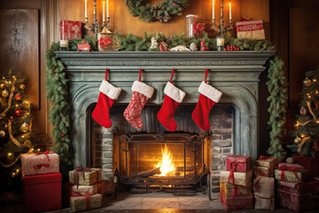 Fireplace decorated with vintage style Christmas red stockings, retro garlands, Vintage fireplace with crackling fire