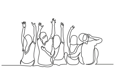 continuous line drawing of happy group friends' hands rising to sit on the bench. the concept of friendship, emotional support, comfort someone a happy moment.