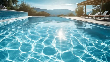 clear water in swimming pool with ripple in clean aqua liquid summer wallpaper blue background and reflection of sunlight on water surface