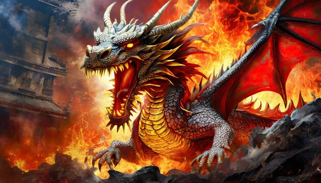 mad dragon destroying the world angry reptile with a growl giving a death stare chinese dragon causes chaos and devastation on a flame background fictional scary character with a grin