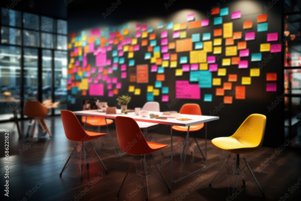 Poster a dedicated brainstorming area with writable walls and colorful post-it notes, encouraging creativit