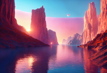 3d render, futuristic landscape with cliffs and water. Modern minimal abstract . Generative Ai