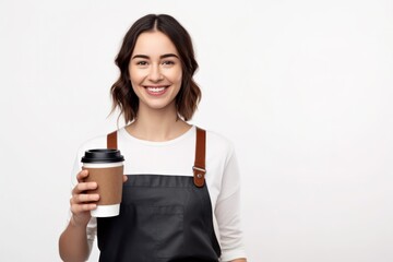 portrait of beautiful young smiling barista woman holding to-go coffee in hand and looking in camera, isolated on white background