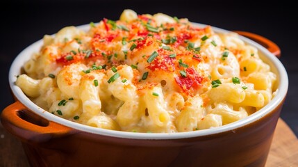 A close-up of a creamy and cheesy lobster macaroni and cheese.