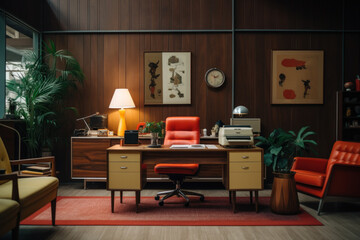 A retro-themed office with vintage furniture and decor, adding a touch of nostalgia and personality to the workspace. Concept of themed office aesthetics. Generative Ai.