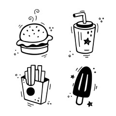 Fast food icons set - burger, French fries, paper cup with drink, ice cream. Hand drawn fast food combo. Comic doodle sketch style. Vector illustration