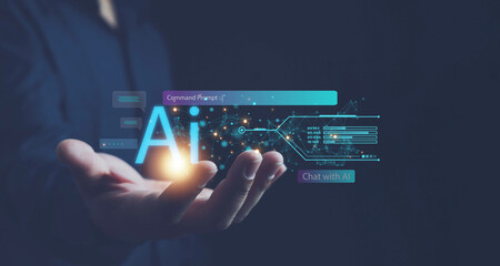 Ai technology, businessman show virtual graphic Global Internet connect Chat with AI, Artificial...