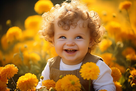 Sunlit Joy: Curly-Haired Toddler Amongst Golden Marigolds