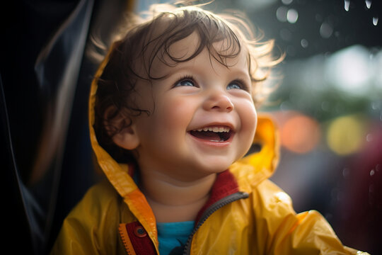 Rainy Day Delight: Toddler's Laughter in a Yellow Raincoat