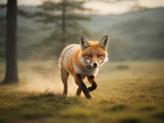 Red Fox running in the meadow