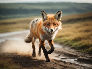 Fototapeta premium Fox running on dirt road