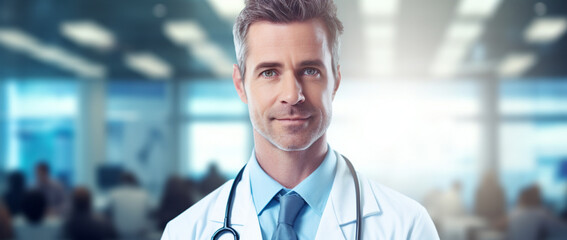 Fototapeta premium Trusted Healthcare: Confident Doctor with Stethoscope in Modern Clinic