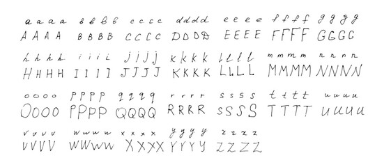 Alphabet is handwritten in black pen scrawl on white background. Doodle style English letters are uppercase and small in different styles.