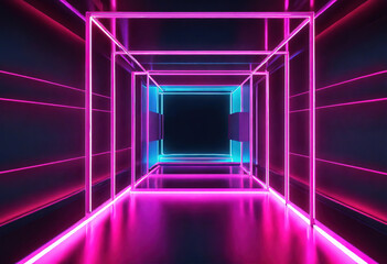 neon background with glowing square frame. Laser linear shape inside the dark. Generative Ai