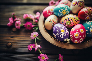 Fototapeta premium Easter Celebration: Vibrantly Painted Eggs and Spring Flowers