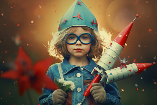 Dream Big: Young Adventurer with Handmade Rocket