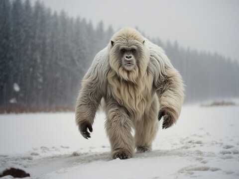 White Yeti approaches us in a snowfield