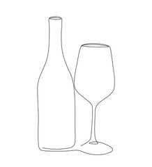 One line champagne toast. Continuous linear couple wine glasses clink. Wedding party cheers. Minimalist Christmas, New Year celebration vector concept. 