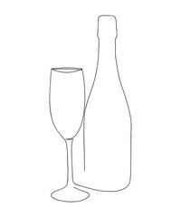One line champagne toast. Continuous linear couple wine glasses clink. Wedding party cheers. Minimalist Christmas, New Year celebration vector concept. 