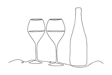 One line champagne toast. Continuous linear couple wine glasses clink. Wedding party cheers. Minimalist Christmas, New Year celebration vector concept. 