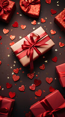 Red and gold gifts for valentine's day. Gifts for lovers. Background with decorative hearts.