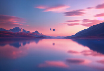 Naklejka premium northern seascape, fantastic scenery with calm water, flat geometric. Generative Ai