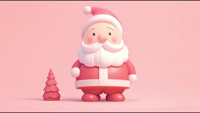 Moving Cute Santa Claus cartoon pastel colored. Merry Christmas and Happy New Year. Realistic 3d cartoon Santa Claus with funny smile, with red bag of gifts. Xmas Holiday background, web poster. illus