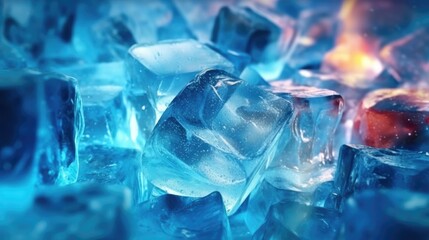 Blue ice cubes close-up on blue background and blue light.