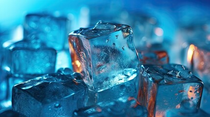 Close up of clear crystal Ice cubes on blue background.