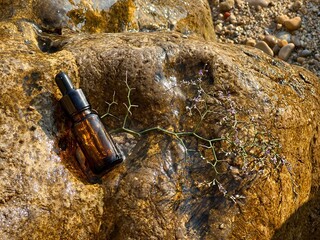 Vial bottle with essential oil on the sea stone. 