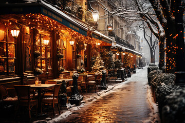 Fototapeta na wymiar Winter cityscape snow covered streets of Paris lined with historical buildings adorned with festive lights and decorations