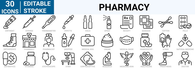 set of 30 line web icons Pharmacy. Medicine, bandage, medication, prescription, treatment, health and syringe symbol.