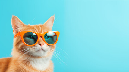 Cool Cat concept, orange cat wearing sun glasses on the blue background, and space for text or coppy, 