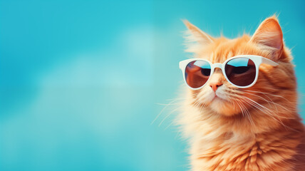 Cool Cat concept, orange cat wearing sun glasses on the blue background, and space for text or coppy,  - obrazy, fototapety, plakaty