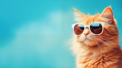 Tuinposter Cool Cat concept, orange cat wearing sun glasses on the blue background, and space for text or coppy,  © Phichet1991