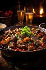 Boeuf bourguignon on wooden table . Traditional French cuisine - 686224602