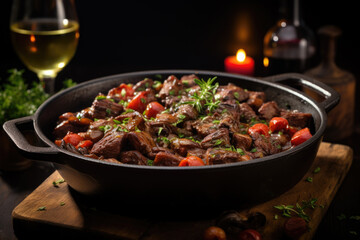Boeuf bourguignon on wooden table . Traditional French cuisine - 686224619
