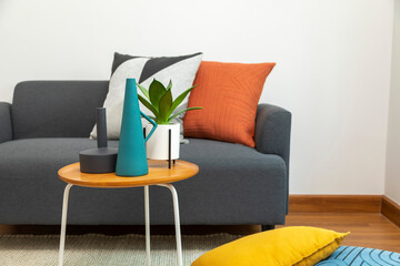 Stylish living room interior with orange pillow on sofa, wooden coffee table and olive tree in a pot.